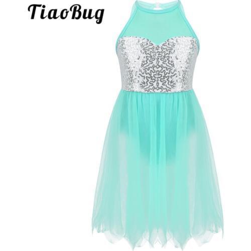 TiaoBug Kids Teens Sleeveless Sequin Gymnastics Leotard Girls Mesh Tutu Ballet Skating Dress Contemporary Lyrical Dance Costumes