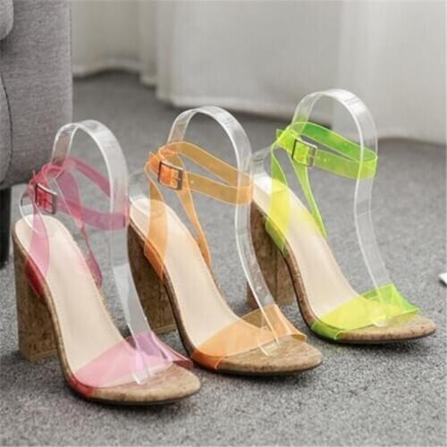 Women sandals PVC Buckle Strap 10.5CM Square heel High heels Round Toe Shallow women shoes sandalias mujer 2020 size 35-42