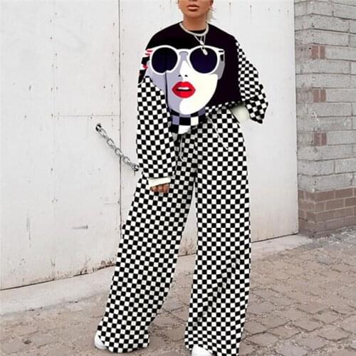 Women Fashion Sweatshirt Set 2021 Thin Loose S-3XL Oversize Casual Tracksuit 2 Pieces Cartoon Print Pullover And Wide Leg Pant