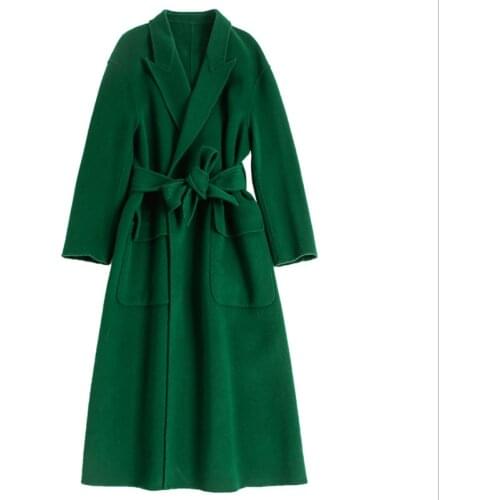 Women Autumn Winter Cashmere overcoat Casual Warm 100% Wool Coat Double Breasted Belted coats Plus Size Woolen Jacket green lady