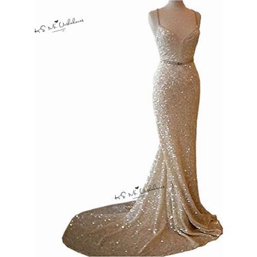 Champagne Gold Sequined Mermaid Evening Dresses Long 2018 Sparky Sweep Train Sexy Prom Party Dress Gowns Robe de Soiree Courte