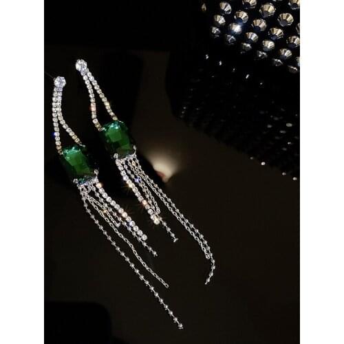 2021 New Fashion Geometric Green Crystal Senior Women Drop Earrings Long Metal Tassels Atmosphere Trend Earrings Jewelry