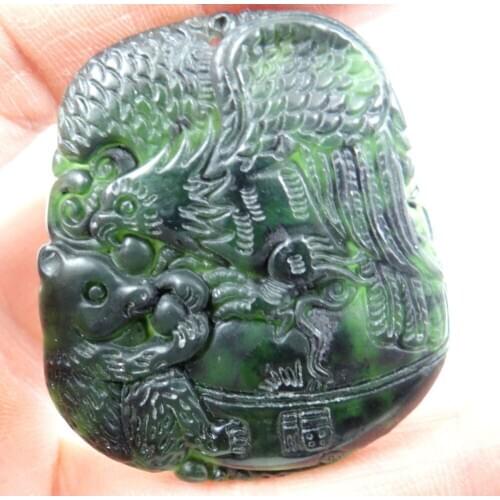 46*40*7MM Wholesale natural Chinese stone hand-carved statue of Dragon and Phoenix amulet pendant necklace