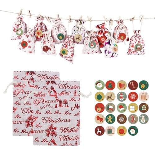 8Pcs Merry Christmas Bags Cotton Linen Candy Bag Drawstring Bag Voile Gift Packaging Cookie Pouches Elk Santa Claus Kids Gifts