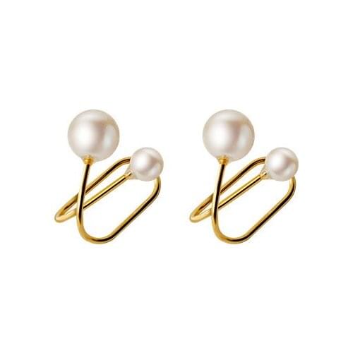NO pierced) Real. 925 Sterling Silver Double Shell Pearl Cross Line Ear-bone otica Clip On Cuff Earrings C-G9232