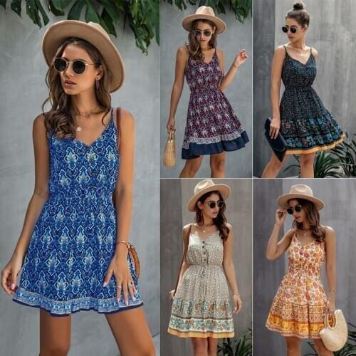 Boho Dress Flower Dress Beach Dress Strap V-neck Dress High Waist Mini Dress Sleeveless Elegant Party Dresses Vestidos