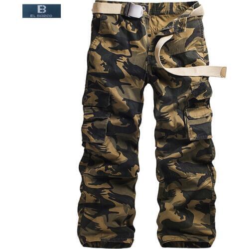 [EL BARCO] Cotton Military Men Cargo Pants Casual Autumn Camouflage White Grey Khaki Army Green Soft Male Long Loose Trousers