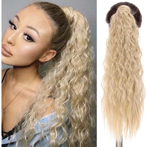 DIANQI Long Corn Wavy Ponytail Synthetic Wrap on Clip Hairpiece Hair Extensions Ponytail Blonde Hair