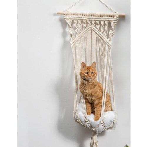 Macrame Cat Hammock,Macrame Hanging Swing Cat Dog Pet Bed with Hanging Kit for Indoor Cats Hand-Woven Hanging Basket Home Decor