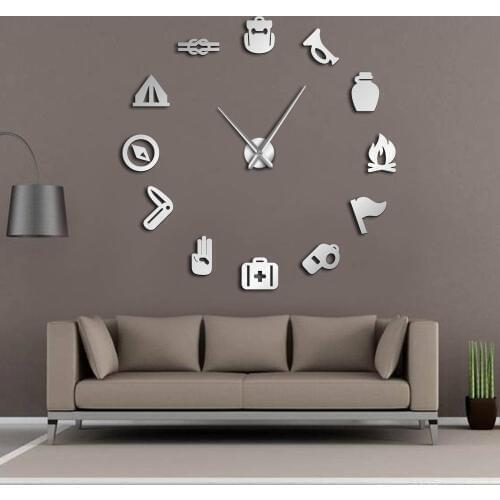 Camping Scouting DIY Giant Mute Silent Wall Clock Junior Kids Scout Campfire Exclusive Big Time Wall Clock Mirror Effect Decor