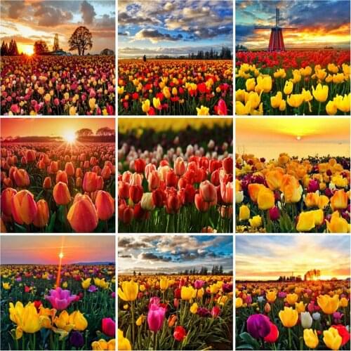 Huacan Diamond Painting Kit Tulip Scenery Mosaic Embroidery Flower Sunset Cross Stitch Home Decor Diamond Art