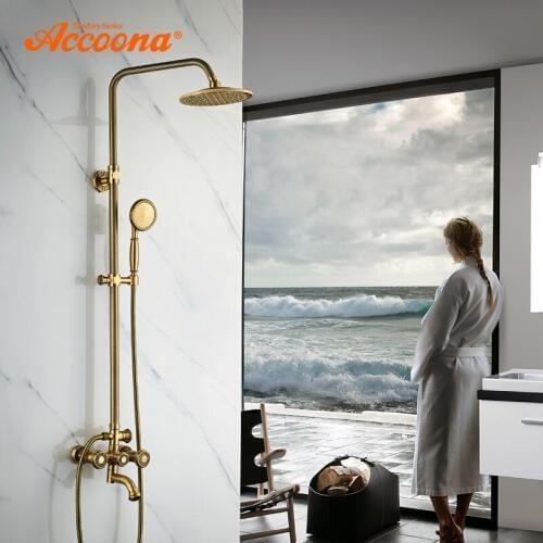 Accoona Brass Shower Faucets Set Rainfall Shower Head Commodity Shelf Dual Handle Mixer Tap Bath Shower Wall Mounted A83102