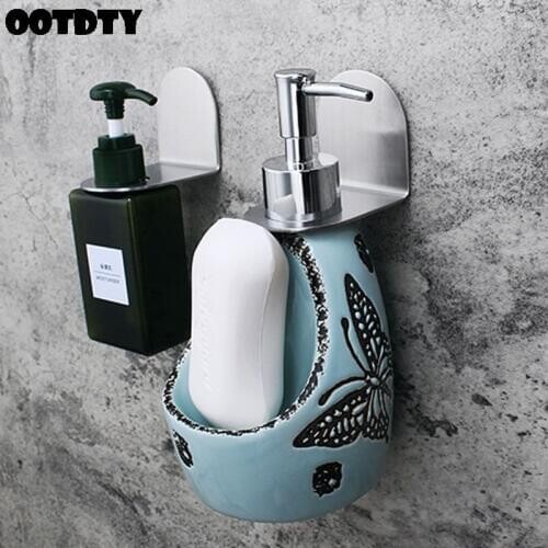Stainless Steel Wall Mount Soap Shower Gel Dispenser Bottle Holder Hook Hanging Hanger Rack Bathroom Kitchen Organizer No Drill