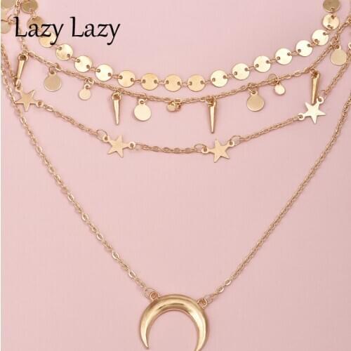 New Vintage Multilayer Crystal Pendant Necklace Women Gold Color Beads Moon Star Horn Crescent Choker Necklaces Jewelry