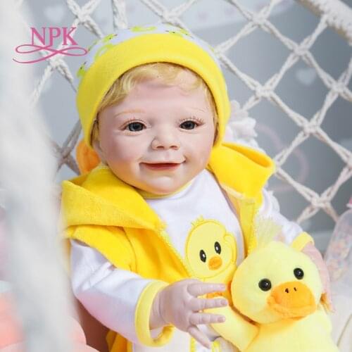 NPK 55CM Yellow duck clothes full body soft silicone or soft cloth body reborn April hand paint doll hand rooted hair