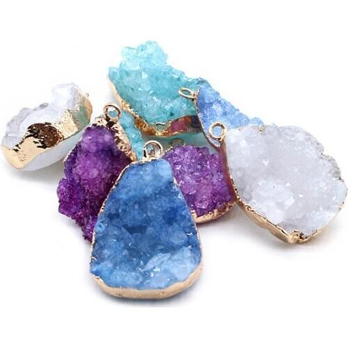 Charm Natural White Purple Blue Geode Drusy Druzys Stone Pendants Gold Plating Irregular Quartz Pendant for Diy Jewelry Making