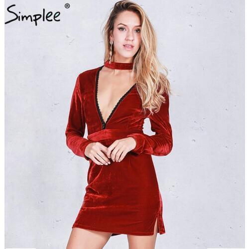 Simple Sexy halter lace velvet dress women Side split party bodycon dress Autumn winter high waist red dress vestido de festa