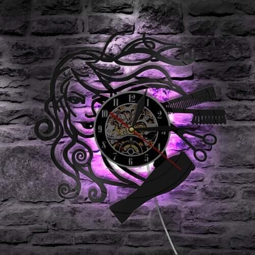 Hair Stylist Salon Barber Shop Retro Black Wall Clock Hairstyle Beauty Salon Vinyl Record Wall Clock Hairdresser Gifts for Woman