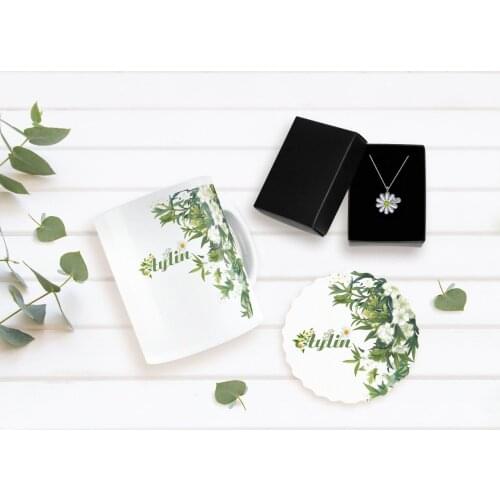 Personalized Daisy Themed Mug Coaster and Is Silver Daisy Necklace Seti-5