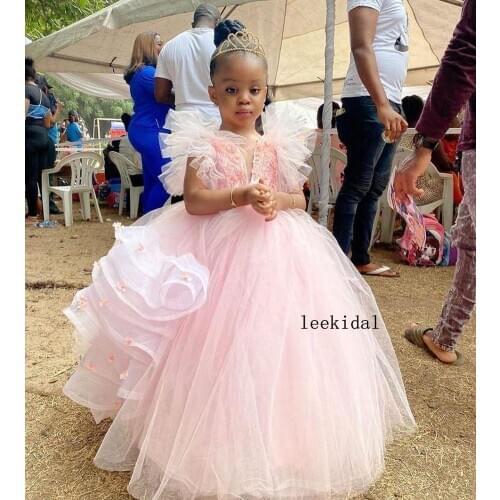 Girls Pageant Dresses Pink Lace Flower Girl Dresses Pearls Hand Made Flowers Little Girl Wedding Dresses Communion Gowns Custom