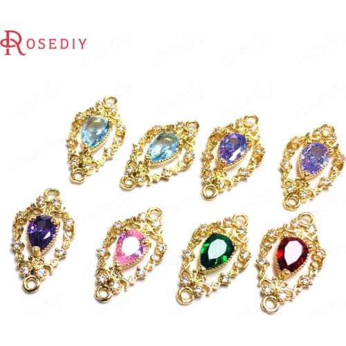 10PCS 11x20MM 24K Champagne Gold Color Brass Zircon 2 Holes Drop Shape Connect Charms Pendants Jewelry Making Supplies Findings