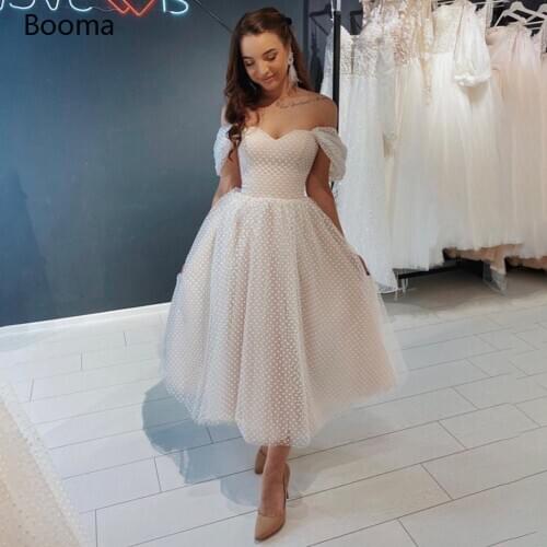 Booma Simple Polka Dots Prom Dresses Champagne Off the Shoulder A-Line Short Prom Gowns Tea-Length Tulle Formal Party Gowns