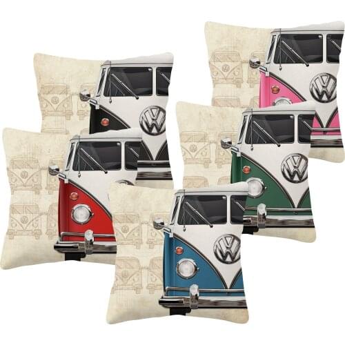 Retro Style Cushion Covers Bus Painting Chair Decor Beige Linen Wholesale Throw Pillows Case 45X45cm Sofa Home Decoration