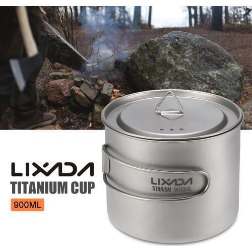 Lixada 900ml / 1600ml Titanium Cup Pot Ultralight Portable Cup with Lid and Foldable Handle Outdoor Camping Hiking Backpacking