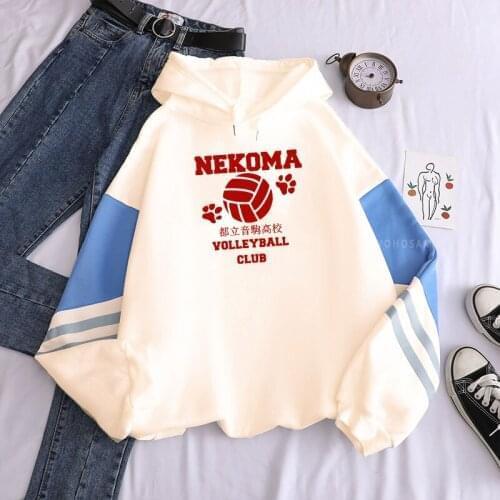 Harajuku Cartoon Haikyuu Nekoma Hoodie Women Japan Anime Karasuno Fly High Graphic Streetwear Tops Unisex Patchwork Sweatshirts