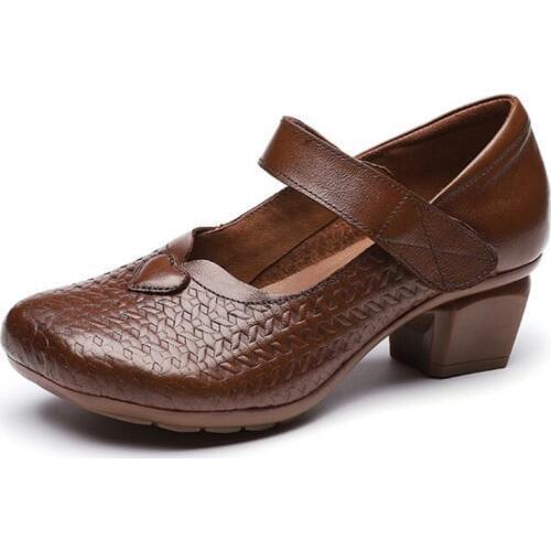 2019 New Spring Autumn Retro-style Genuine Leather Shoes Ladies Thick High Heels Cowhide Hand-woven Mother Shoes Fashion Shoes