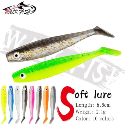 WALK FISH 10PCS/Lot Jigging Wobblers Soft Baits 65mm 2.1g 3D Eyes Aritificial Silicone Bait Fishing Lure T Tail Bass Pike Pesca