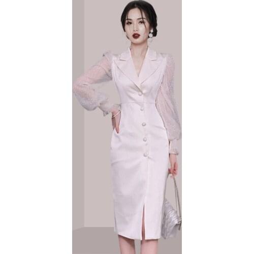 Temperament Single Breasted Office Pencil Dress Women Korean Elegant Work White Party Sheath Dresses Vestidos Autumn