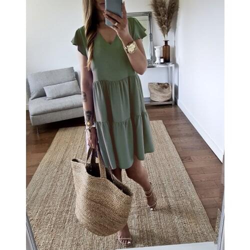 Woman Robe Femme A-Line Dresses Shrinkage Ruffles V-Neck Flying Sleeve Loose Dress For Womens Clothing 2021 Vestido De Mujer