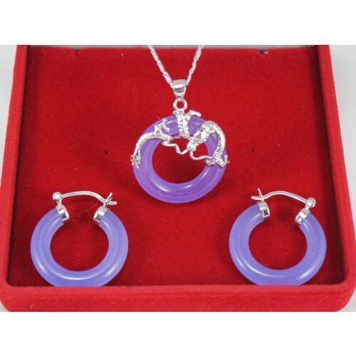 25mm purple Fashion Jade stone dragon pendant hood earring Jades Jewelry set
