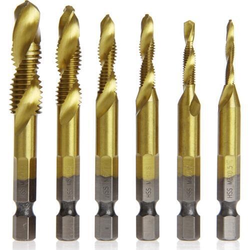 6 Pcs/Set HSS4241 Titanium Coated Drill Bits Hex Shank Spiral Tap M3-M10