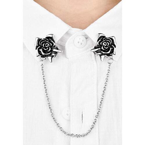 Womens Rose Sweater Shawl Cardigan Clip Collar Tip Lapel Brooch Pin with Chain