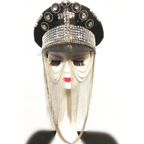 Military Hats Gold Silver River Beading Tassel Army Cap Women Singer Dancer Performance Accessories Bar Club Stage Headgear