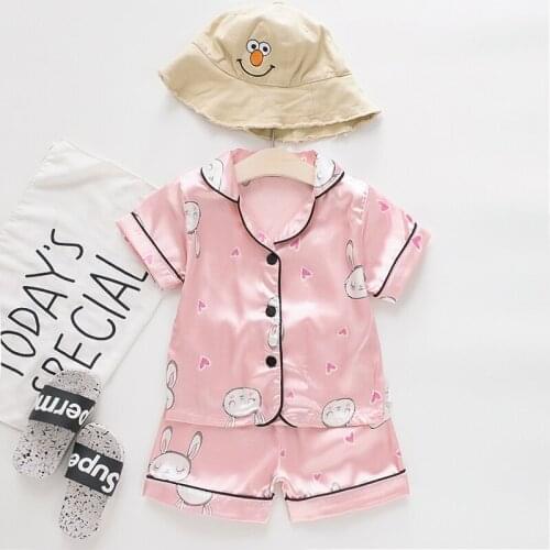 IENENS Baby Girls Silk Pajamas Summer Nightclothes Suits Kids Clothes Sleepwear Child Short Sleeves Tops + Shorts Clothing Sets