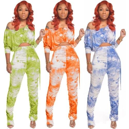 Chiclover Summer Clothes Wholesale Items Casual Tie Dye Two Piece Set Elastic Crop Top Pleated Stacked Pants 2021 Fashione Women