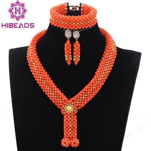 Handmade Chunky Coral Gold African Beads Jewelry Set Nigerian Coral Bridal Necklace Set for Brides 2017 New Free Shipping CNR758