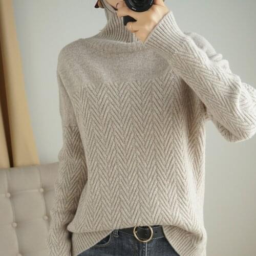 2021 new style 100% wool ladies high neck pullover sweater long sleeve pure color all-match casual cashmere base sweater