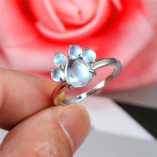 Cute Female Small Dog Cat Paw Ring 925 Sterling Silver Moonstone Wedding Ring Promise Love Heart Engagement Rings For Women