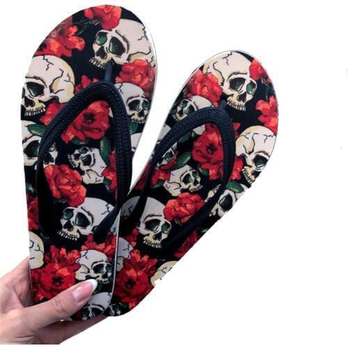 Twoheartsgirl Colorful Floral Sugar Skull Print Flip Flops for Women Classic Female Summer Beach Slipper Ladies Flat Flipflops