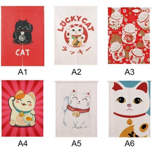 Lucky Cat Design Cotton And Linen Japanese Style Doorway Curtain Hanging Tapestry For Home Decoration