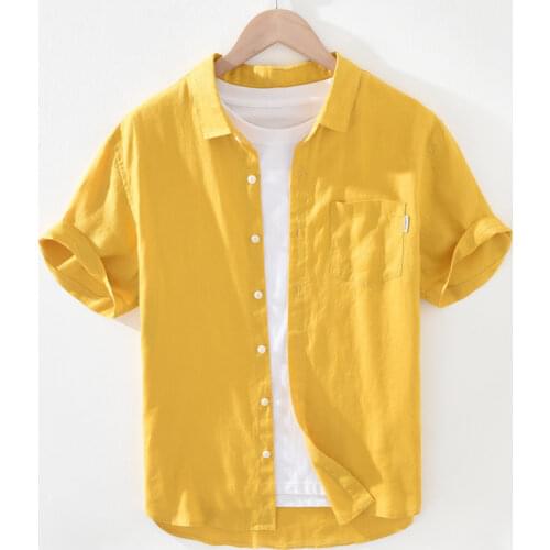 Yellow Short Sleeve Shirt for Men Summer New Pure Linen Casual Tops Male Breathable Comfortable Turn-down Collar Button Shirt