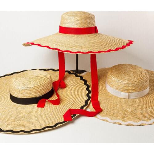 Custom Hat Elegant Summer New Wave Patch Flat Top Big Wide Brim handmade Straw Hat For Women Holiday Sun Protection Beach Bucket