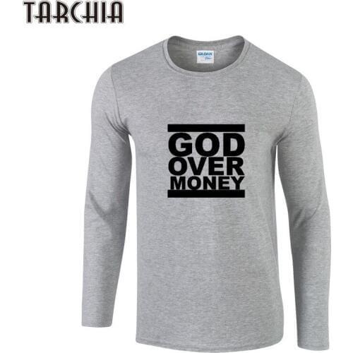 TARCHIA Men T-Shirt GOD OVER MONEY Print Spring Long Sleeve T Shirt Men Brand Clothing Quality Slim Fit Men Casual TShirts