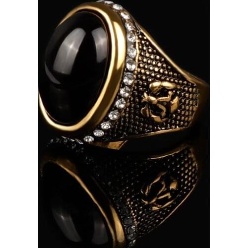 Steampunk vintage Big Black Oval Stone Rings for Men Dubai Gold Ancient Middle East Arabic Style Carved Metal Zircon Finger Ring