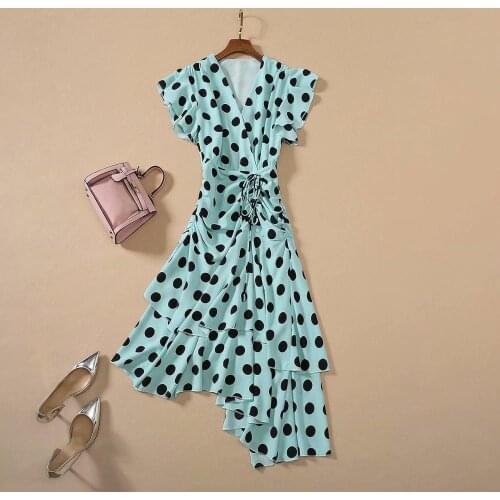 Womens American European and clothing 2021 summer new style V neck lotus leaf sleeve dot print Fashionable irregular dress