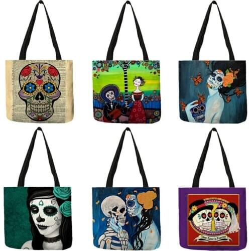 Tattooed Day of Dead Sugar Skull Printed Womens Shoulder Bag Handbag Reusable Shopping Tote Bags Large Capacity B13126